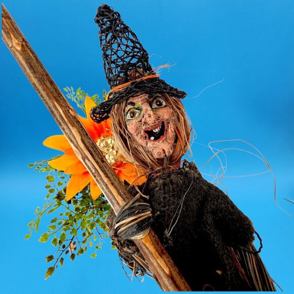 Wicked Witch Broom Stick Paper Mache Style Decor Raffia Primitive Halloween 34" - Picture 14 of 14